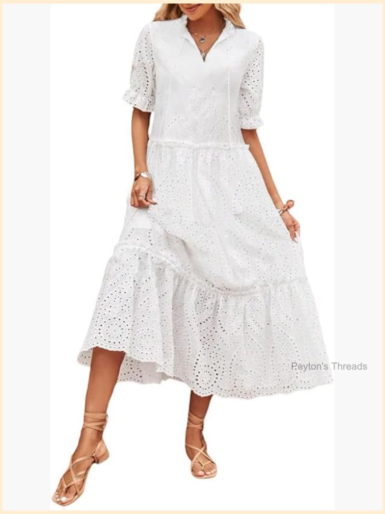 Cotton Eyelet Lace V-Neck Tiered Midi Dress Boho Embroidery Tunic